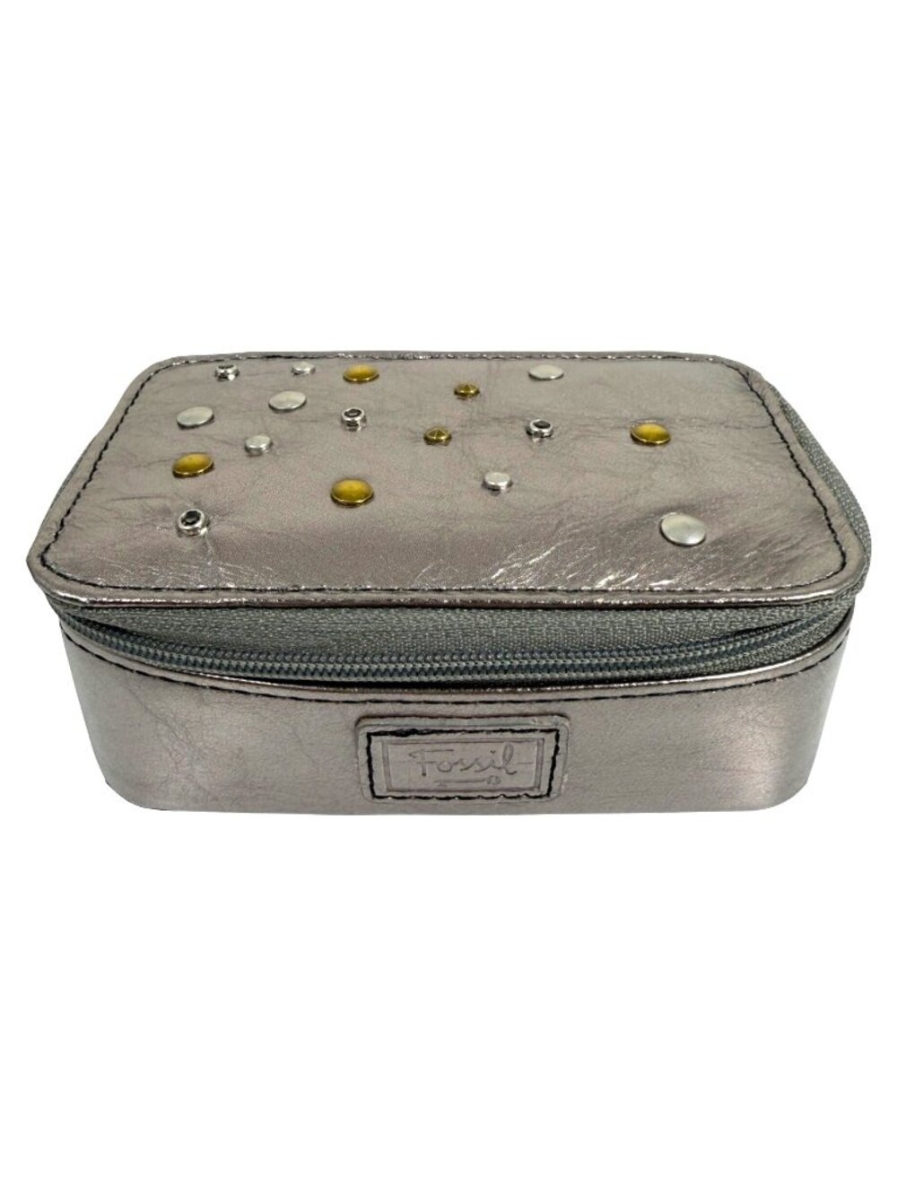 FOSSIL Metallic Leather Studded Zip-Around Weekender Travel Jewelry Case + Key